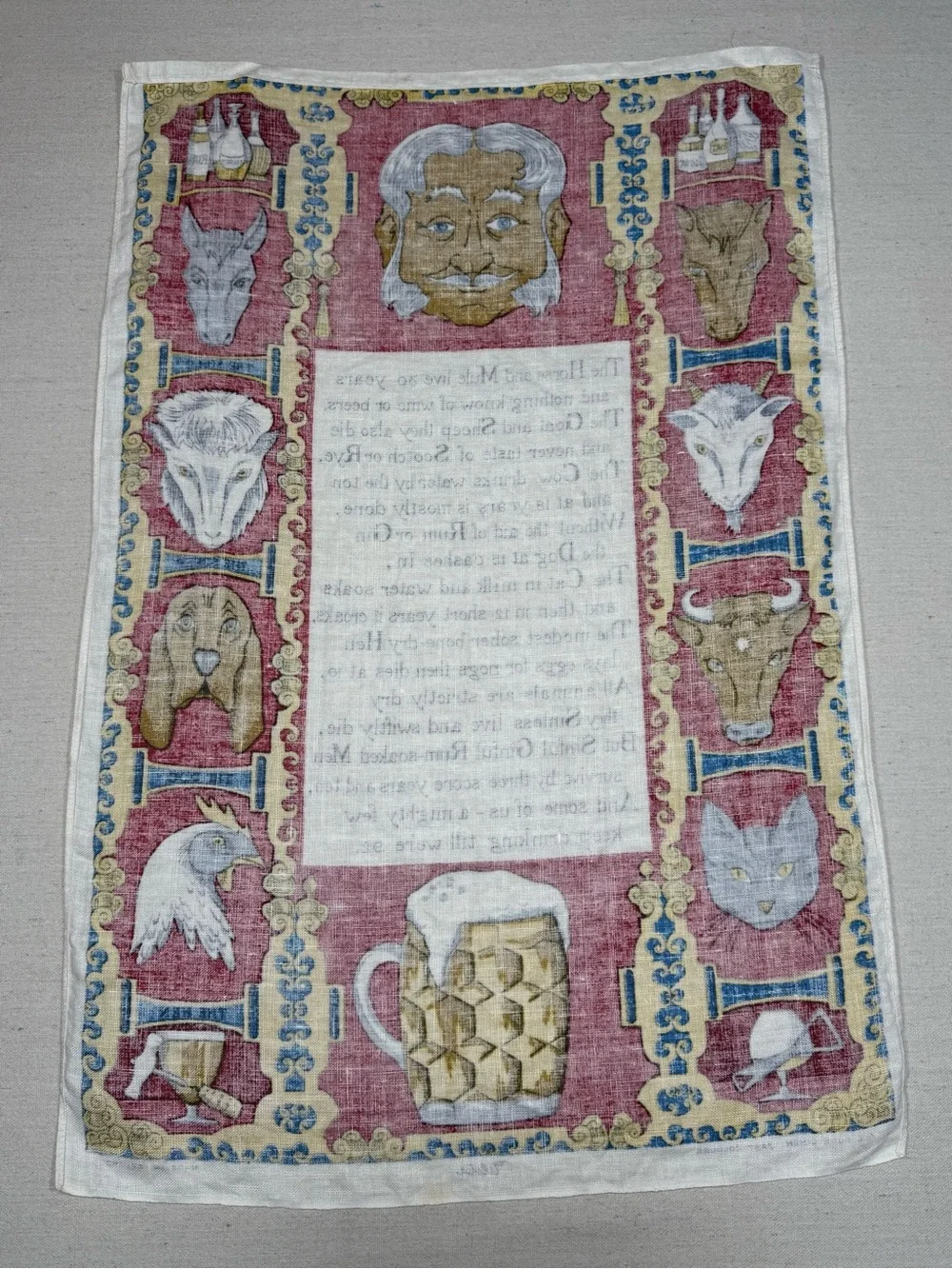 Vintage Irish Linen Tea Towel with Animal Motif and Poem - Red, Yellow, Blue